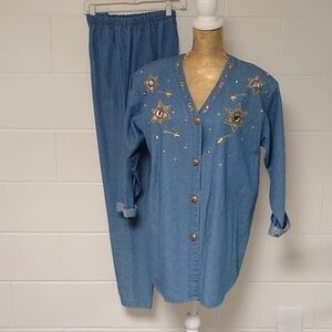 La Fete Vintage 2 pc, cotton, embellished denim tunic, pull on jeans